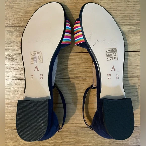 NWOT - ANTHROPOLOGIE “Elenore” Navy Blue Suede T-Strap Sandals with Bows / Sz 9 - Picture 8 of 12